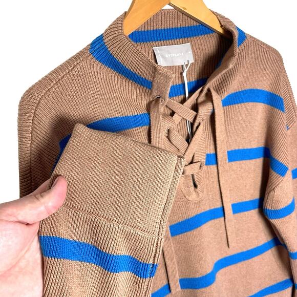 NWT EVERLANE Women’s Camel and Blue Striped Lace Up Sweater Medium - Picture 3 of 4